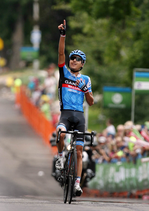 Steve Griffin | The Salt Lake Tribune

After breaking away from the field, Lachlan Morton, of Team Garmin Sharp, points to the sky as he approaches the finish line of the third stage of the 2013 Tour of Utah bike race in Payson, Utah Thursday August 8, 2013.