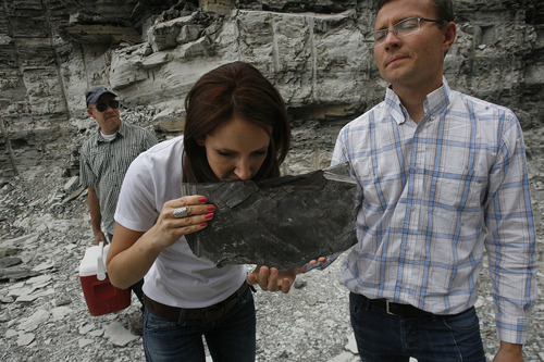 Scott Sommerdorf   |  The Salt Lake Tribune
CEO Rikki Hrenko smells a freshly broken piece of oil shale that mining engineer Ben France holds. One can easily smell the oil contained within a piece of shale that comes from the "mahogany zone" of the shale deposit. Enefit Oil's Brian Wilkinson is at left, Wednesday, August 7, 2013.