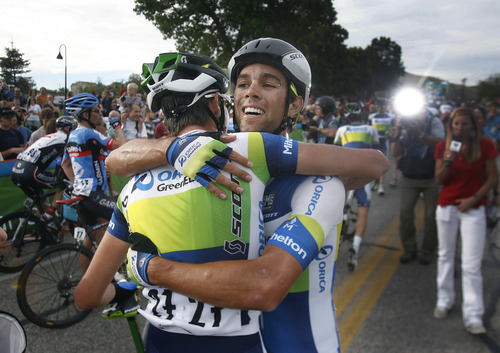 Scott Sommerdorf   |  The Salt Lake Tribune
Michael Matthews of Australia, right, celebrates his win in Stage 4 of the Tour of Utah with team mate Damian Howson, Friday, August 9, 2013.