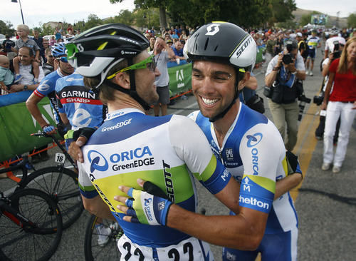 Scott Sommerdorf   |  The Salt Lake Tribune
Michael Matthews of Australia, right, celebrates his win in Stage 4 of the Tour of Utah with team mate Wesley Sulzberger, Friday, August 9, 2013.