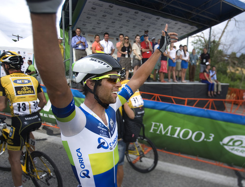 Scott Sommerdorf   |  The Salt Lake Tribune
Michael Matthews of Australia, celebrates his win in Stage 4 of the Tour of Utah, Friday, August 9, 2013.