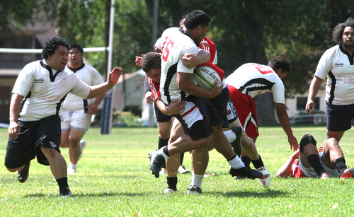 Rick Egan  |  The Salt Lake Tribune 
The Lions (white) play the Spartans (red) in the rugby tournament, at the National Tongan American Society's 16th Annual Friendly Island Festival at Fairmont Park in Sugar House, Saturday, August 10, 2013.