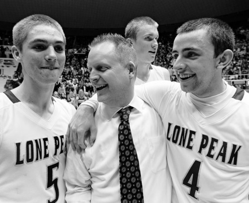 Trent Nelson  |  The Salt Lake Tribune
Lone Peak's Conner Toolson, coach Quincy Lewis, Eric Mika and Nick Emery celebrate after beating Alta High School in the 5A basketball state championship game Saturday, March 2, 2013 in Ogden.