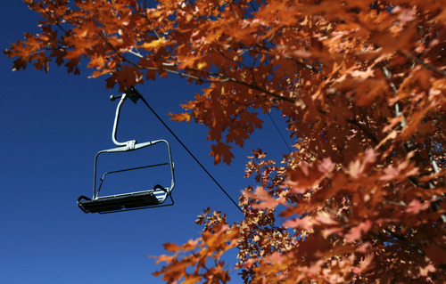 Francisco Kjolseth  |  The Salt Lake Tribune
Fall color will soon give way to snow covered landscapes as the First Time chair lift at Park City Mountain Resort sits idle during the transformation coloring the hillsides on Thursday, September 29, 2011.
