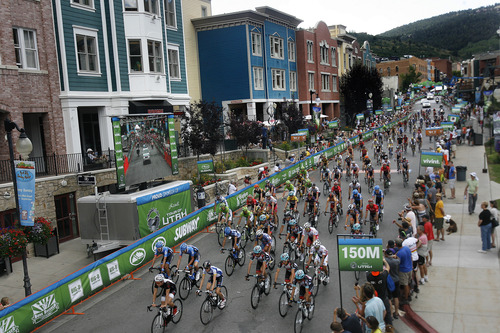 Scott Sommerdorf   |  The Salt Lake Tribune
The start of Stage 6 of the Tour of Utah winds through Park City's Main Street, Sunday, August 11, 2013.