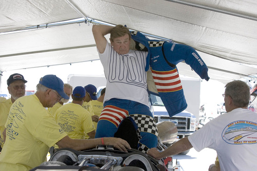 Paul Fraughton  |   Salt Lake Tribune
   Driver of The Turbinator, Dave Spangler suits up.                         
 Tuesday, August 13, 2013