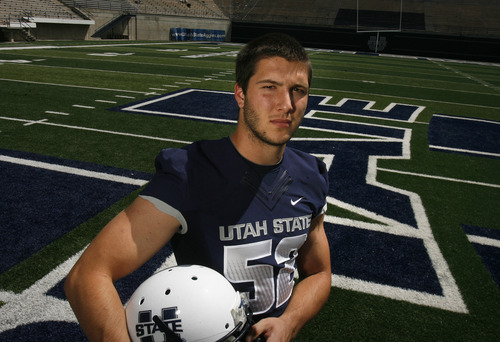 Scott Sommerdorf   |  The Salt Lake Tribune
USU LB Kyler Fackrell at Romney Stadium in Logan, Thursday, August 1, 2013.