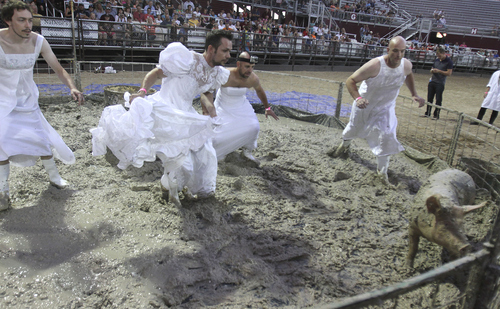 Keith Johnson | The Salt Lake Tribune

Team "Pearls Before Swine" members Justin Sandberg, Tommy Parish, Joey Parish and Craig Hansen, wearing wedding gowns,  try to tackle a pig and put it in a barrel in the fastest time during the Utah County Fair pig wrestling competition at the Spanish Fork Fairgrounds August 14, 2013. The Utah County Fair runs through Saturday.