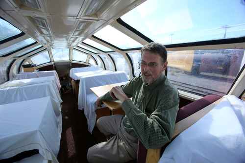 Francisco Kjolseth  |  The Salt Lake Tribune
Gerry Lemmons, private rail car tour consultant and private chef sits inside the classic streamlined dome rail car that will soon make another run through the Rockies. The "Moonlight Dome" rail car will be hooked up to the rear of Amtrak's California Zephyr for a round trip from Salt Lake City to Denver over the Labor Day weekend for a "Sentimental Journey" through some of the most scenic landscape in the country.