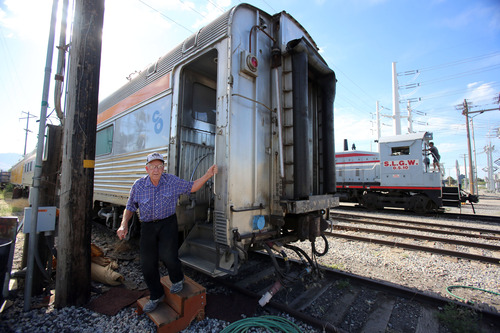 Francisco Kjolseth  |  The Salt Lake Tribune
Doug Brown, a member of the Promontory Chapter of the National Railway Historical Society takes a break from working on the classic sleeper streamlined dome rail car parked in Salt Lake City. The "Moonlight Dome" rail car will be hooked up to the rear of Amtrak's California Zephyr for a round trip from Salt Lake City to Denver over the Labor Day weekend for a "Sentimental Journey" through some of the most scenic landscape in the country.