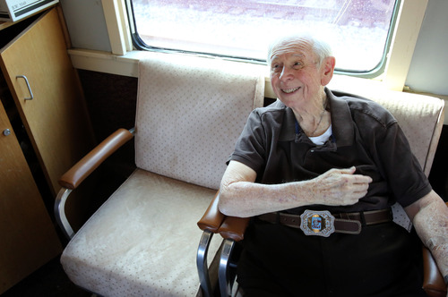 Francisco Kjolseth  |  The Salt Lake Tribune
Les Tippie, 84, who just retired following a 40-year run as the president of the Promontory Chapter of the National Railway Historical Society takes a break inside the club's main attraction, the 1948 "Moonlight Dome" rail car which will soon make a round trip from Salt Lake City to Denver over the Labor Day weekend for a "Sentimental Journey" through some of the most scenic landscape in the country.