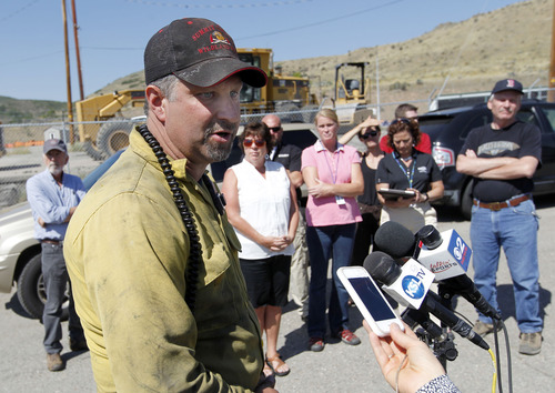 Al Hartmann  |  The Salt Lake Tribune
Rockport fire incident commader Bryce Boyer with the Utah Division of State Lands holds press conference outside the fire perimeter Thursday August 15 to give an update of the fire.