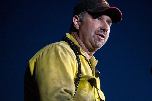 Chris Detrick  |  The Salt Lake Tribune
Summit County District Fire Warden Bryce Boyer speaks during a press conference Thursday August 15, 2013. The Rockport 5 Fire is currently 50 percent contained.