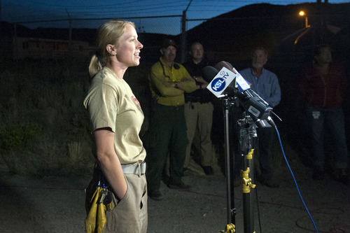 Chris Detrick  |  The Salt Lake Tribune
Public Information Officer Jennifer Hansen speaks during a press conference Thursday August 15, 2013. The Rockport 5 Fire is currently 50 percent contained.