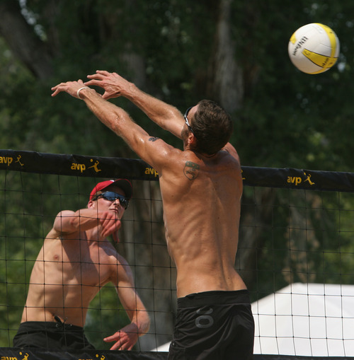 Rick Egan  | The Salt Lake Tribune 

Joey Dykstra (left) in APS Volleyball tournament action, Friday, August 16, 2013.
