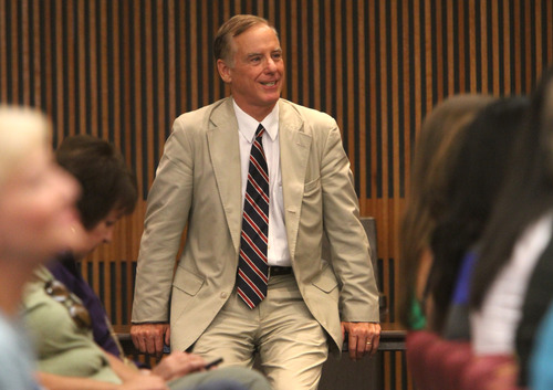Rick Egan  | The Salt Lake Tribune 
Howard Dean, listens to his introduction before giving a speech at Salt Lake Community College, Monday, August 19, 2013. The former Vermont governor and 2004 Democratic presidential candidate, spoke at the Democratic Party's statewide voter registration drive in Taylorsville, in the Student Union Building at Salt Lake Community College, Taylorsville campus.