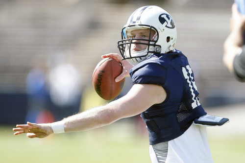 Chris Detrick  |  The Salt Lake Tribune
Brigham Young Cougars quarterback Ammon Olsen (15) during the spring scrimmage at LaVell Edwards Stadium Saturday March 30, 2013.