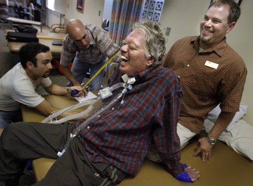 Brooke Hopkin broke his neck in a Nov. 14, 2008, bicycle accident in City Creek Canyon. He lived for a time at the South Davis Community Hospital, where he received constant care under the watchful eyes of staff and his wife, Peggy Battin. 
Photo by Leah Hogsten/ The Salt Lake Tribune