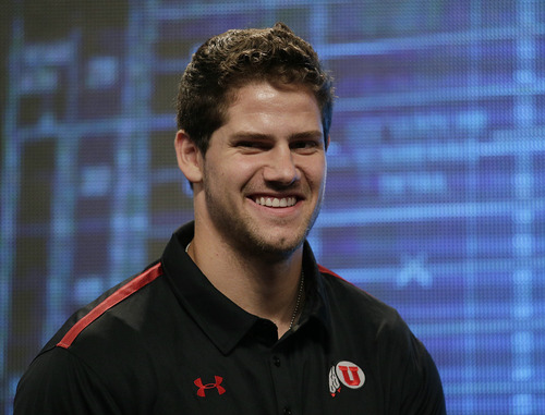 Utah tight end Jake Murphy looks on during the NCAA college football Pac-12 Media Day on Friday, July 26, 2013, in Culver City, Calif. (AP Photo/Jae C. Hong)