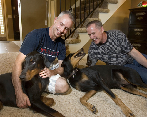 Paul Fraughton  |  The Salt Lake Tribune
Mike Talbot, left, and Steve Moser were grateful to have pet insurance when their 6-year-old Doberman, Cliff, became seriously ill. "I can't tell you enough the burden that was lifted knowing that we could make decisions based on medicine instead of whether it would break the bank," Moser said. Here, they are pictured with their Dobermans River, left, and Skye.