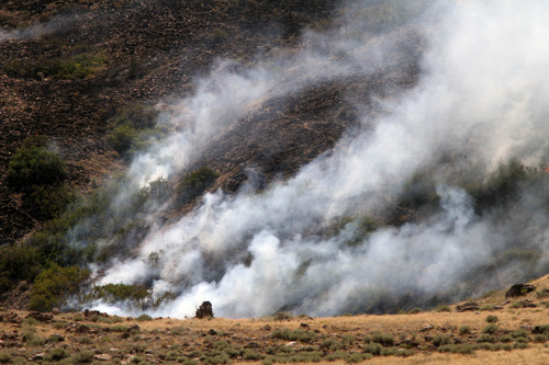 Rick Egan  | The Salt Lake Tribune
A grass fire burns on Saturday in the Rosecrest area of Herriman.