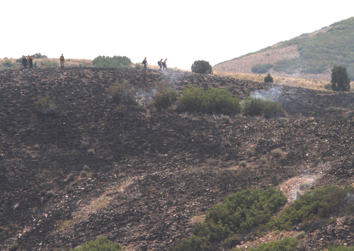 Rick Egan  |  The Salt Lake Tribune 
Firefighters walk along the ridge, as a wildfire burns in the Rosecrest area of Herriman, Saturday, August 24, 2013.