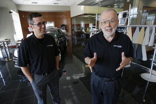 Francisco Kjolseth  |  The Salt Lake Tribune
Well-known automobile dealer Jerry Seiner, seen in the Cadillac showroom alongside his son Jerry Jr., who is president and owner of Adcrafters Communications, the company's in-house ad agency, will soon be retiring.