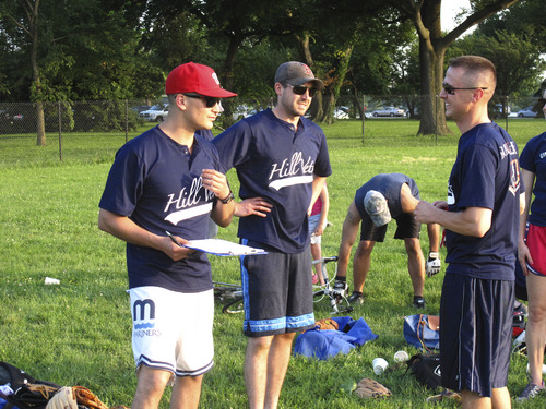 Isobel Markham  |  The Salt Lake Tribune
Brendon Gehrke, left, Ryan Gallucci and Justin Brown chat during a
recent softball game on the National Mall in Washington. Brown
co-founded the group HillVets to help returning soldiers transition into civilian life through social events like softball.