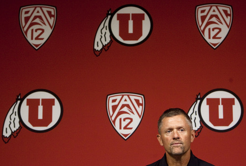 Steve Griffin | The Salt Lake Tribune

University of Utah head football coach, Kyle Whittingham, talks with the media during the team's press conference at the school's new football facility in Salt Lake City, Utah, Monday Aug. 26, 2013.