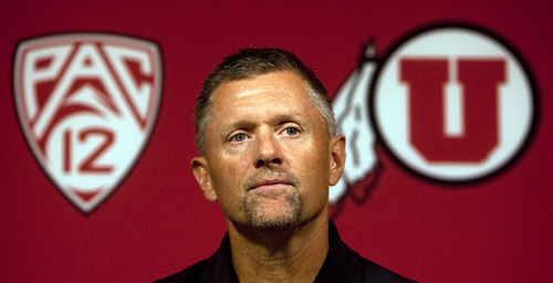 Steve Griffin | The Salt Lake Tribune

University of Utah head football coach, Kyle Whittingham, talks with the media during the team's press conference at the school's new football facility in Salt Lake City, Utah, Monday Aug. 26, 2013.