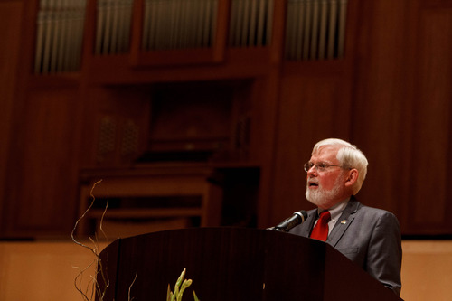 Trent Nelson  |  The Salt Lake Tribune
David Pershing, President of the University of Utah, speaks at a memorial for Brooke Hopkins, Sunday, August 25, 2013, in Salt Lake City.