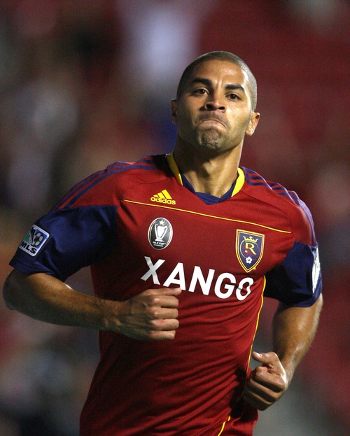 Steve Griffin  |  The Salt Lake Tribune
 
Real Salt Lake's Alvaro Saborio pumps himself up as he runs off the field after scoring a goal during the Real Salt Lake versus Arabe Unido at Rio Tinto Stadium in Sandy on Wednesday, August 18, 2010.