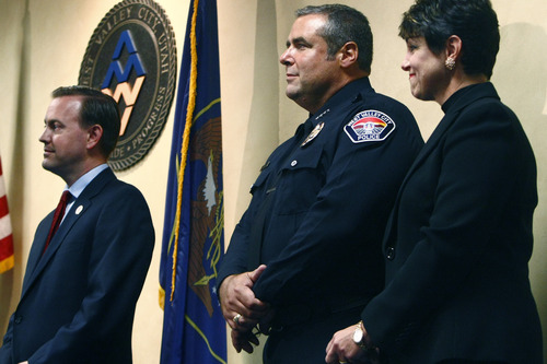 Chris Detrick  |  The Salt Lake Tribune
West Valley City Mayor Mike Winder, West Valley City Police Chief Lee Russo and his wife Susan listen during a press conference at West Valley City Hall Tuesday August 27, 2013. "I saw this as an opportunity that I was well-matched for," Lee Russo said at a news conference Tuesday, announcing his selection.