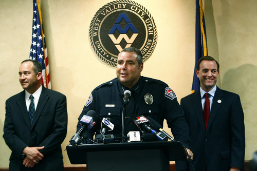 Chris Detrick  |  The Salt Lake Tribune
West Valley City Police Chief Lee Russo speaks during a press conference at West Valley City Hall Tuesday August 27, 2013. "I saw this as an opportunity that I was well-matched for," Lee Russo said at a news conference Tuesday, announcing his selection. At left is West Valley City Manager Wayne Pyle. At right is West Valley City Mayor Mike Winder.