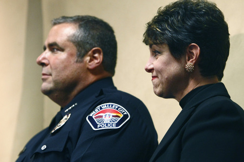 Chris Detrick  |  The Salt Lake Tribune
West Valley City Police Chief Lee Russo and his wife Susan listen as West Valley City Mayor Mike Winder talks during a press conference at West Valley City Hall Tuesday August 27, 2013. "I saw this as an opportunity that I was well-matched for," Lee Russo said at a news conference Tuesday, announcing his selection.