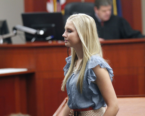 Al Hartmann  |  The Salt Lake Tribune
Kendra Gill, former Miss Riverton, makes her initial court appearance in 3rd District Court on Thursday for allegedly throwing chemical bombs at homes.