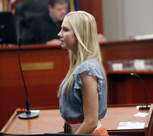 Al Hartmann  |  The Salt Lake Tribune
Kendra Gill, former Miss Riverton, makes her initial court appearance in 3rd District Court Thursday August 29 for allegedly throwing chemical bombs at homes.