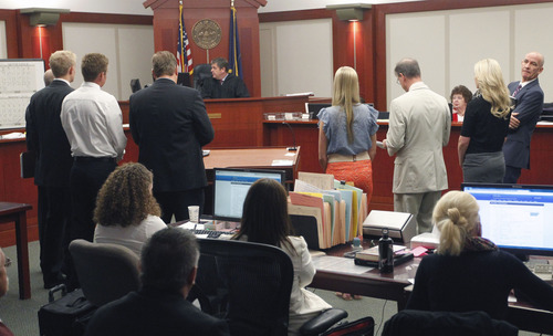 Al Hartmann  |  The Salt Lake Tribune
Four teenagers, including Kendra Gill, a former Miss Riverton, (middle right, in blue) make their initial court appearance in 3rd District Court Thursday August 29 for allegedly throwing chemical bombs at homes.