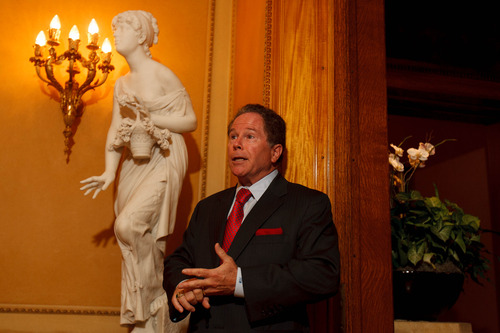 Trent Nelson  |  The Salt Lake Tribune
Phil McCarthey speaks at the McCune Mansion Tuesday, August 27, 2013 in front of the Blind Girl, sculpted by Giacomo Ginotti (1845-1897). The piece, in addition to another titled Cleopatra, has returned to the McCune Mansion after spending many years at the BYU Museum of Art.