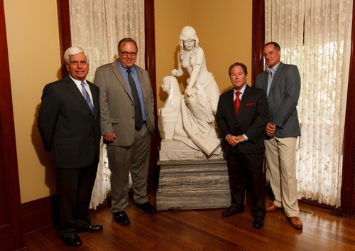 Trent Nelson  |  The Salt Lake Tribune
Mark Magleby, Werner Weixler, Phil McCarthey and Shawn Fletcher at the McCune Mansion Tuesday, August 27, 2013 in front of Cleopatra, sculpted by Oscar Spalmach (1864–1917). The piece, in addition to another titled Blind Girl, has returned to the McCune Mansion after spending many years at the BYU Museum of Art.