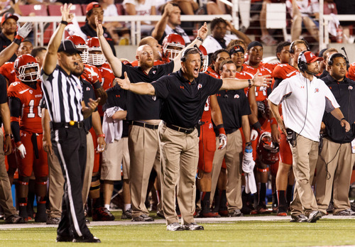 Trent Nelson  |  The Salt Lake Tribune
Utah coach Kyle Whittingham in the final minute of the game as the University of Utah hosts Utah State, college football Thursday, August 29, 2013 at Rice-Eccles Stadium in Salt Lake City.