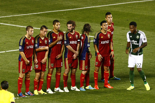 Chris Detrick  |  The Salt Lake Tribune
Real Salt Lake players get ready for a penalty kick during the first half of the game at Rio Tinto Stadium Friday August 30, 2013.