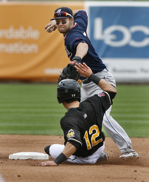 Scott Sommerdorf   |  The Salt Lake Tribune
Aces SS Chris Owings forces the Bees' Tommy Field at second for the first out of a double play during the Aces' 10-7 win over the Bee, Sunday, September 1, 2013.