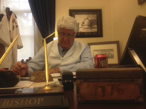 Thomas Burr | The Salt Lake Tribune
Rep. Rob Bishop, R-Utah, works in his Washington office on a recent Wednesday, never too far from his Dr. Pepper.