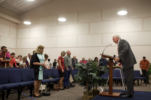 Jim McAuley | The Salt Lake Tribune
Ken Hornok prays with his congregation during his last sermon after being pastor for 39 years at Midvalley Bible Church in Bluffdale, Utah, on Sunday, Aug. 25, 2013.