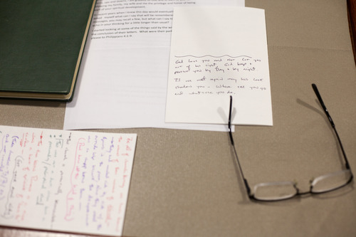 Jim McAuley | The Salt Lake Tribune
Ken Hornok's notes and glasses remain at the lectern at Midvalley Bible Church after he delivered his last sermon on Sunday, Aug. 25, 2013, in Bluffdale, Utah. Hornok served as pastor for 39 years.