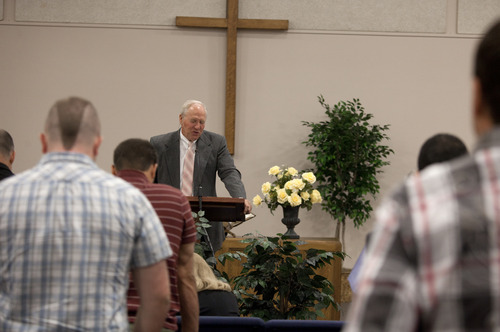 Jim McAuley | The Salt Lake Tribune
Ken Hornok prays with his congregation during his last sermon after being pastor for 39 years at Midvalley Bible Church in Bluffdale, Utah. on Sunday, Aug. 25, 2013.