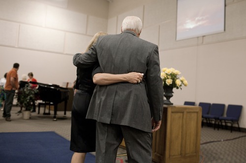 Jim McAuley | The Salt Lake Tribune
Ken Hornok and his wife, Marcia Hornok, embrace each other after his last sermon after being pastor for 39 years at Midvalley Bible Church in Bluffdale, Utah. on Sunday, Aug. 25, 2013.