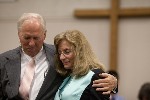 Jim McAuley | The Salt Lake Tribune
Ken Hornok and his wife, Marcia Hornok, pray one last time with their congregation during his last service as pastor after serving for 39 years at Midvalley Bible Church in Bluffdale, Utah. on Sunday, Aug. 25, 2013.