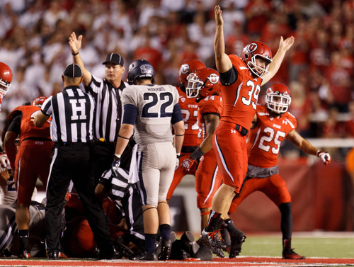 Trent Nelson  |  The Salt Lake Tribune
Utah Utes defensive back Michael Kirby (39) reacts to a turnover as the University of Utah hosts Utah State, college football Thursday, August 29, 2013 at Rice-Eccles Stadium in Salt Lake City.